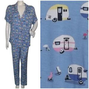 MUNKI  MUNKI Pajamas, XXL, Blue, RVs/Trailers/Flamingos, 2 pieces, Top/Pants